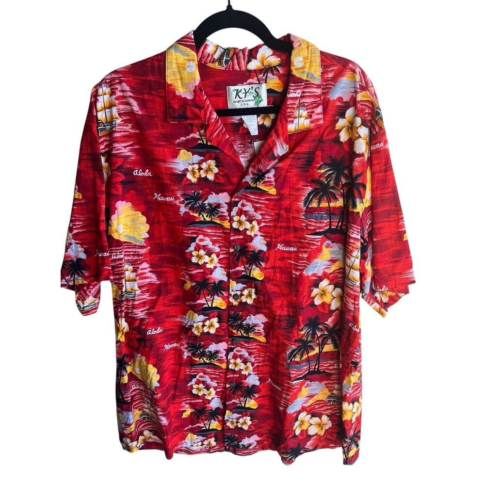 KY’s Men's 2XL Shirt Hawaii-Made USA Tropical Red Aloha Cotton Bright Colorful
